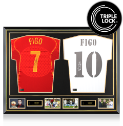 Luis Figo Official Ballon d'Or&trade; Signed and Dual Framed Portugal and Real Madrid Shirts: 2000 Ballon d'Or Winner
