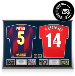 Carles Puyol & Xabi Alonso Official UEFA Champions League Signed and Dual Framed Barcelona and Liverpool Shirts