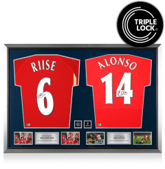 John Arne Riise & Xabi Alonso Official UEFA Champions League Signed and Dual Framed Liverpool FC Shirts