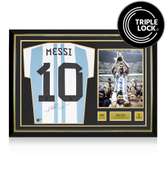 PRE-ORDER Lionel Messi Official FIFA World Cup&trade; 2022 Autographed and Hero Framed Argentina 2022-23 Home Jersey