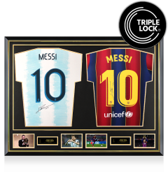 Lionel Messi Official Ballon d'Or&trade; Signed and Dual Framed Argentina and Barcelona Shirts: 2019 Ballon d'Or Winner