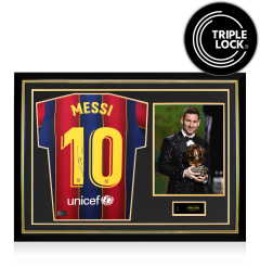 Lionel Messi Official Ballon d'Or&trade; Back Signed and Hero Framed 2020-21 Home Shirt