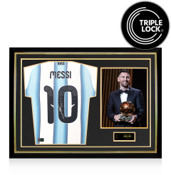 PRE-ORDER Lionel Messi Official Ballon d'Or&trade; Back Signed and Hero Framed Argentina 2026 Match Issue Home Shirt 