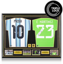 Lionel Messi & Emiliano Martinez Official FIFA World Cup™ 2026 Signed and Framed Argentina Shirts In Dual Frame Lionel Messi & Emiliano Martinez Official FIFA World Cup™ 2026 Signed and Framed Argentina Shirts In Dual Frame