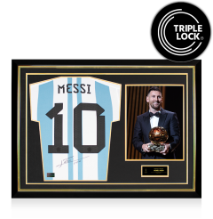 PRE-ORDER Lionel Messi Official Ballon d'Or&trade; Back Signed and Hero Framed Argentina 2022 Home Shirt