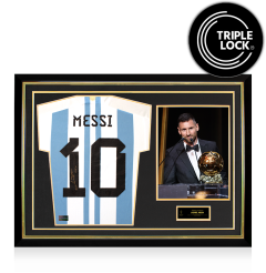 Lionel Messi Official Ballon d'Or&trade; Back Signed and Hero Framed Argentina 2022 Home Jersey