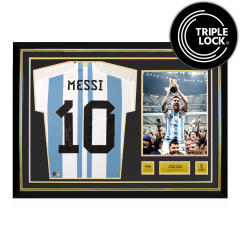 Lionel Messi Official 2022 FIFA World Cup&trade; Back Signed and Hero Framed Argentina 2022 Home Jersey