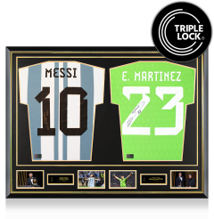 PRE-ORDER Lionel Messi & Emiliano Martinez Official Ballon d'Or&trade; Signed and Dual Framed Argentina Shirts