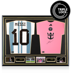Lionel Messi Official Ballon d'Or&trade; Signed and Dual Framed Argentina and Inter Miami Shirts: 2023 Ballon d'Or Winner