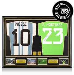 PRE-ORDER Lionel Messi & Emiliano Martinez Official 2022 FIFA World Cup&trade; Signed and Dual Framed Argentina Shirts