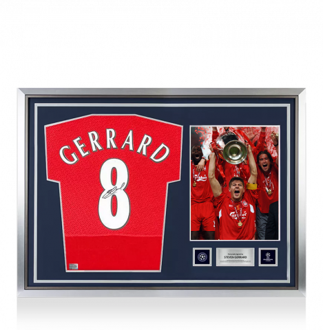 Steven Gerrard Official UEFA Champions League Back Autographed and Hero Framed Liverpool 2005 Home Jersey: UEFA Champions League Final Edition