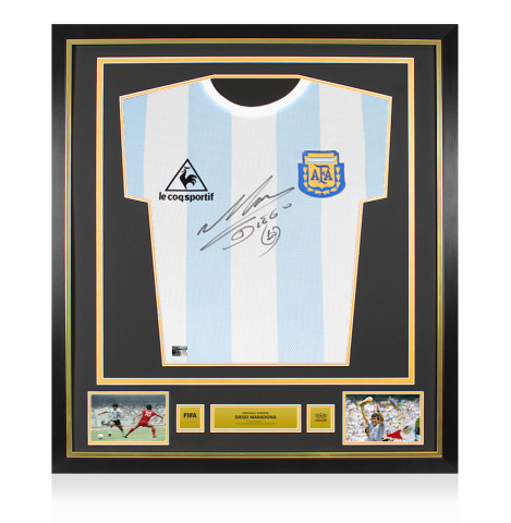 Diego Maradona Official 1986 FIFA World Cup™ Front Signed and Framed Retro Le Coq Sportif Argentina Home Shirt