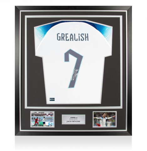 Jack Grealish Back Autographed England 2022-23 Home Jersey with Fan Style Numbers In Classic Frame