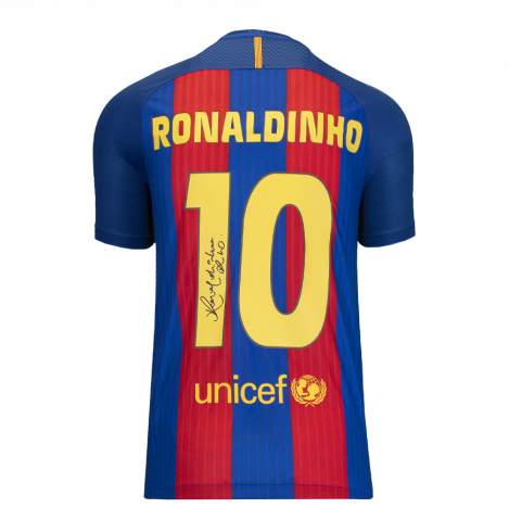 Ronaldinho Back Autographed FC Barcelona 2016-17 Home Jersey with Fan Style Numbers