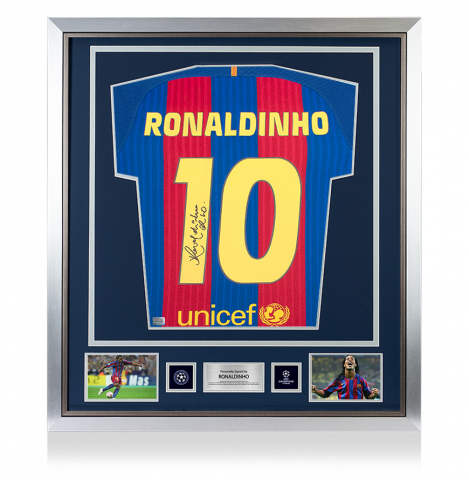 Ronaldinho Official UEFA Champions League Back Autographed and Framed FC Barcelona 2016-17 Home Jersey with Fan Style Numbers