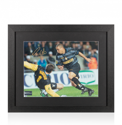 Ronaldo Autographed Internazionale Photo In Black Wooden Frame: 1998 UEFA Cup Final Goal
