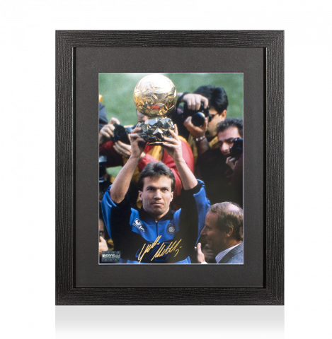 Lothar Matthaus Autographed Internazionale Photo In Black Wooden Frame: 1990 Ballon d'Or Winner