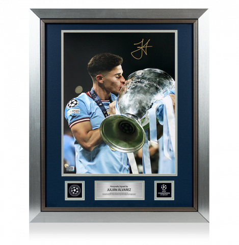 Julian Alvarez Official UEFA Champions League Autographed and Framed Manchester City Photo: 2023 Winner