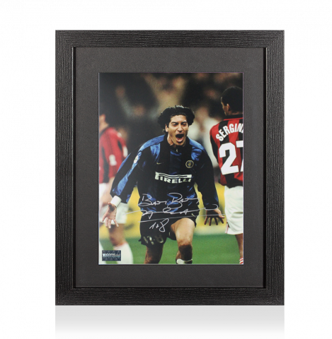 Ivan Zamorano Autographed Internazionale Photo In Black Wooden Frame: Milan Derby Goal - Autographed in Silver