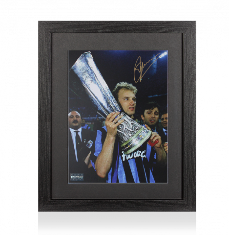 Dennis Bergkamp Autographed Internazionale Photo In Black Wooden Frame: UEFA Cup Winner