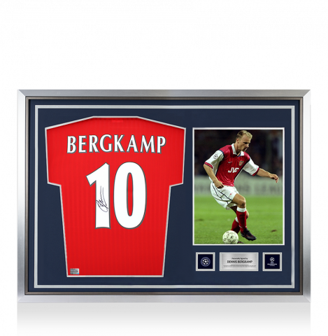 Dennis Bergkamp Official UEFA Champions League Back Autographed and Hero Framed Arsenal Icon Home Jersey with Fan Style Numbers