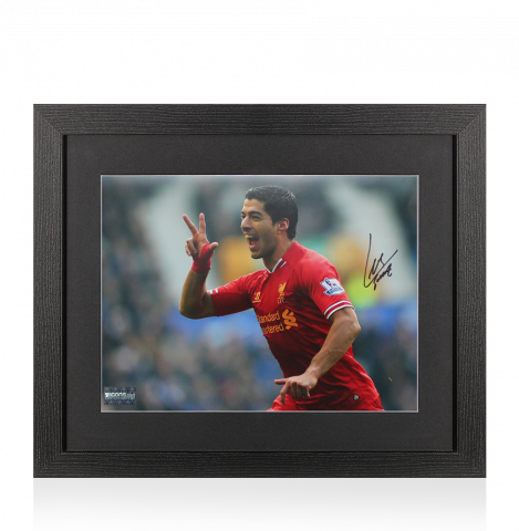Luis Suarez Liverpool FC Autographed Photo In Black Wooden Frame: Famous Celebration