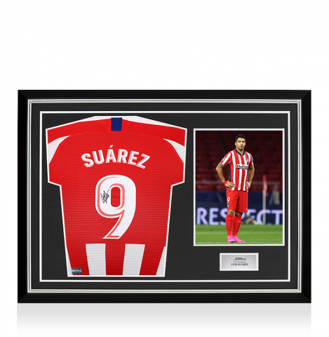 Luis Suarez Back Autographed Atletico Madrid 2019-20 Home Jersey with Fan Style Number In Hero Frame: Option 1