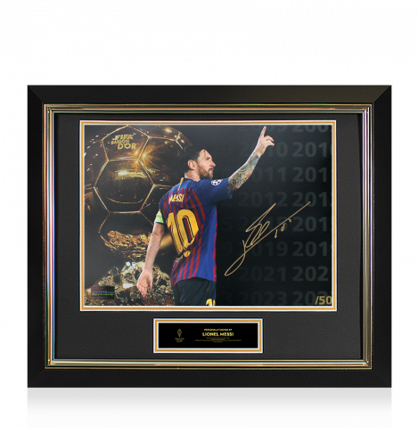 Lionel Messi Official Ballon d'Or™ Autographed and Framed Montage Photo: Limited Edition