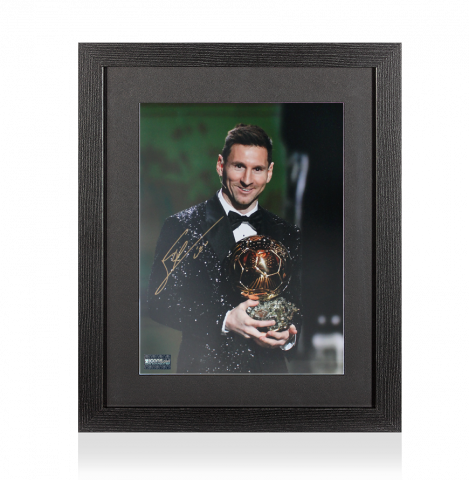 Lionel Messi Official Autographed Photo In Black Wooden Frame: 2021 Ballon d'Or Winner
