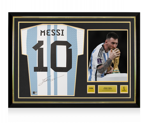 Lionel Messi Official 2022 FIFA World Cup™ Back Signed and Hero Framed Argentina Match Issue 2022 Home Shirt 