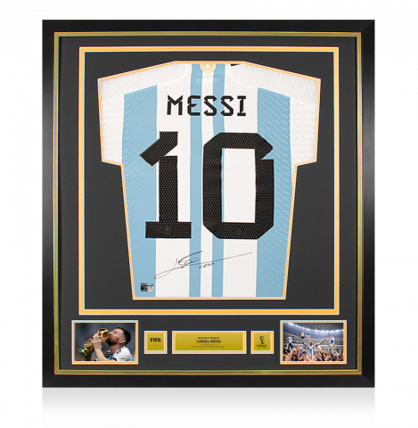 Lionel Messi Official 2022 FIFA World Cup™ Back Signed and Framed Argentina Match Issue 2022 Home Shirt - vs France Motif