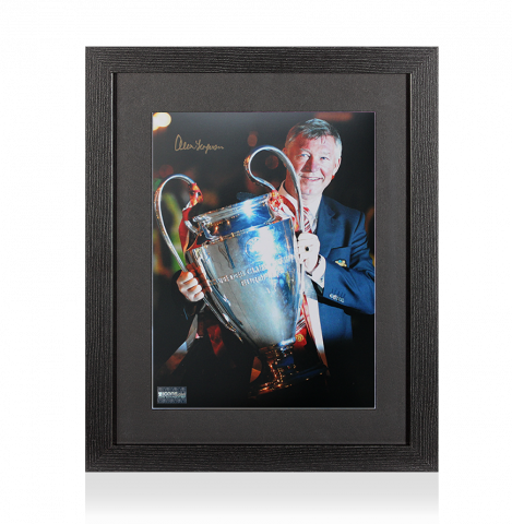 Sir Alex Ferguson Signed Manchester United Photo In Black Wooden Frame: UEFA Champions League Trophy