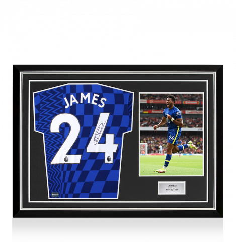 Reece James Back Autographed Chelsea 2021-22 Home Jersey In Hero Frame: Option 1