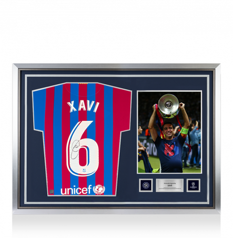 Xavi Official UEFA Champions League Back Autographed and Hero Framed FC Barcelona 2021-22 Home Jersey